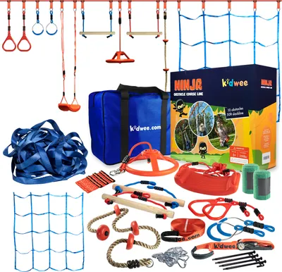 Produktbild von kidwee Ninja Warrior Hindernisparkour für Kinder im Freien mit Schaukel-Set - 15m - Hänge-Aktivitäten Zubehör, Trainingsgeräte, Klettergerüste & Spielplatz-Sets für den Garten - Outdoor-Spielzeug
