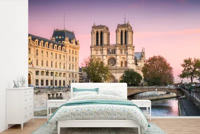 Produktbild von MuchoWow® Fototapete für Wohnzimmer oder Schlafzimmer Wandtapete Vinyl Motivtapete Lila Himmel über Notre Dame in Paris - 600x400 cm - Vinyltapeten