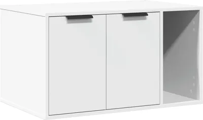 A white cabinet with two doors and an open compartment on the right.