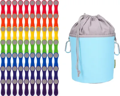 Produktbild von trendfinding 70 Wäscheklammern Regenbogen Edelstahl und 1 Canvas Wäscheklammerbeutel Hellblau