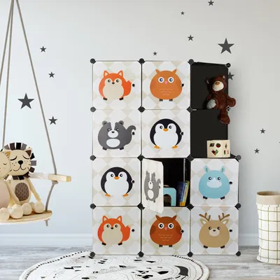 Produktbild von Kinderzimmer Schrank mit Tiermotiven - Kunststoff - Stecksysteem - Türen - Kleiderschrank - Stange - Bunt