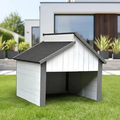 Produktbild von Mähroboter-Garage Holz 85x85x82,5 cm, Bitumendach, Tür 65x38 cm grau/weiß