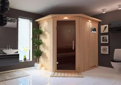 Productafbeelding van Karibu Sauna, binnensauna, model Siiri, met hoekopgang, oven van 9 kW, , externe bediening, eenvoudig, afmetingen 196x170x198 cm, zonder dakrand, met grafietdeur