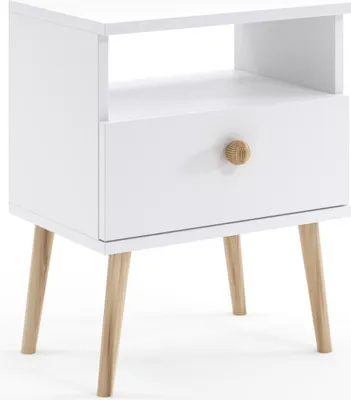 Obrázek produktu pro BETTSO Noční stolek Noční stolek Noční komoda Noční skříňka Bukové nohy s 1 zásuvkou Úložný prostor 44 x 55,5 cm do ložnice IKON Bílá