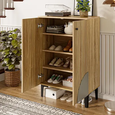 Obrázek produktu pro MODFU moderní skříň na boty s dvířky a policemi, botník s černým kovovým rámem, úsporný design pro malé prostory, přírodní