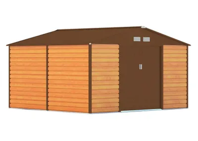 A brown garden shed with wood-effect siding, presented on a white background.
