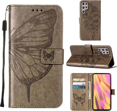 Produktbild von Galaxy S22 Ultra Hülle, Schmetterling Prägung Flip Leder Kartenfächer Schutzhülle Ledertasche mit Ständer für Samsung Galaxy S22 Ultra Grau