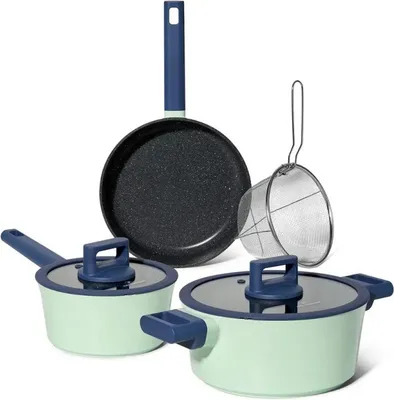 Obrázek produktu pro Sada nádobí Just Perfecto JL-333, 6 kusů, mramorový povrch, indukce, skleněné víko s parním otvorem, zeleno-modrá