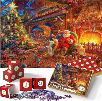 Produktbild von 1008 Teile Puzzle Weihnachtsmann, Weihnachtspuzzle am knisternden Feuer sitzend und sein Weihnachtself, 70 x 50 cm, bunt, Weihnachtspuzzle fš¹r Erwachsene, Weihnachtsgeschenk