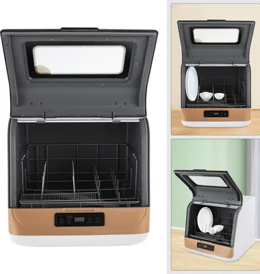 A collage of images showing a compact dishwasher from different angles, including an open view of the interior and a close-up of the control panel.