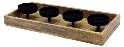 Produktbild von Adventskerzenhalter aus Mango Holz 40 x 19 cm - für 4 Stumpenkerzen - Kerzentablett mit Metalltellern - Deko Kerzenleuchter