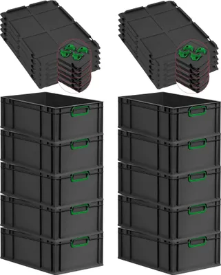 Produktbild von SparSet 10x Eurobox NextGen Color mit Auflagedeckel und Schiebeschnappverschlüsse | HxBxT 22x40x60cm | 44 Liter | Schwarz | Griffe grün geschlossen | Verstärkter Boden | Eurobehälter, Transportbox, Transportbehälter, Stapelbehälter