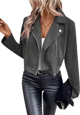 Image de ASKSA Femme Veste de motard en faux daim, manches longues, fermeture éclair, manteau court, gris foncé, S