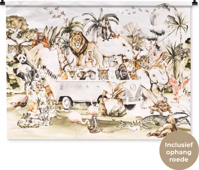 Produktbild von MuchoWow® Wandteppich Wandbehang Bus - Tiere - Kinder - Jungen - Mädchen - Palme 150x112 cm Tapisserie Dekoration Wandtuch - Wanddecke - Wandteppiche