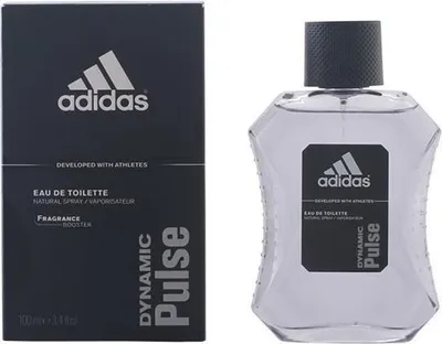 A box of Adidas Dynamic Pulse eau de toilette for men is shown next to the bottle.