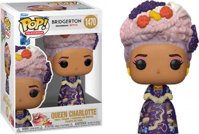 A Funko Pop! figure of Queen Charlotte from Bridgerton, shown both in its packaging and displayed separately.