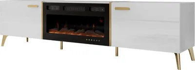 Produktbild von MIRJAN24 TV-Lowboard Picru 2D EF mit Kamin, TV-Schrank mit zwei Klappen, Realistische LED-Flamme, Stilvoll Wohnzimmer Kollektion (Farbe: Weiß / Weiß Hochglanz + Gold)