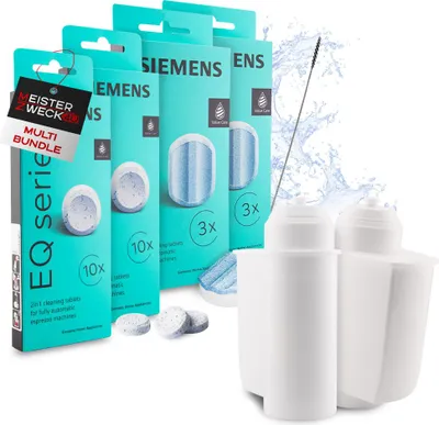 Produktbild von MEISTERZWECK4U Pflegeset Kaffeevollautomaten - 2x Wasserfilter, 2x Entkalkungstabletten, 2x Reinigungstabletten, Reinigungsbürste - Reinigungsset Kaffeemaschinen Siemens, EQ Series, Supresso, Bosch