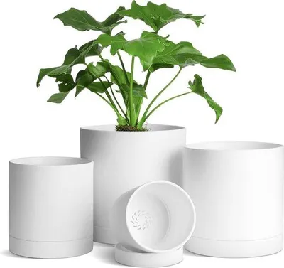 Productafbeelding van Famanu plantenbakken - Set van 4 ronde bloempotten met irrigatiesysteem, zwart