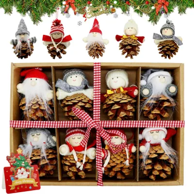 8 Weihnachtswichtel aus Tannenzapfen – Holz-Deko, lächelnd