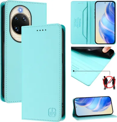 Produktbild von Lederhülle für Huawei Nova 14 Hülle Flip Brieftasche Kartenfächern Ständer Schutzhülle Türkis
