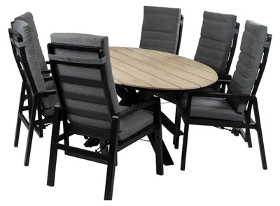 Produktbild von 7-teiliges ovales Garten-Set | 6 Berlin Gartenstühle (Schwarz) | Gartentisch Limasol 220 cm (Wood)