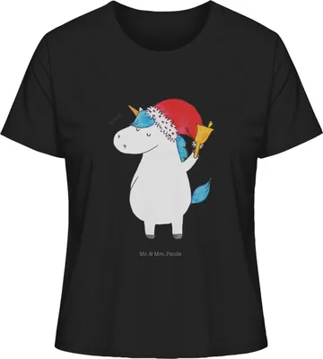 Produktbild von Mr. & Mrs. Panda Damen T-Shirt Einhorn Weihnachtsmann Größe S - Schwarz - Geschenk, Unicorn, Basic, Einhörner, Weihnachten, Kurzarmshirt, Oberteil, Nikolaus, Schokolade