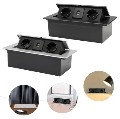 Immagine prodotto di Presa a pannello in alluminio - Presa da tavolo a scomparsa - Doppia fila - 2x EU 250 V 16 A - 2x USB 5 V 2,1 A - Senza cavo di alimentazione - 26,6×11,8 cm - Argento/Nero