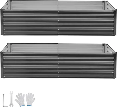 Zdjęcie produktu dla SucceBuy Zestaw 2 metalowych podwyższonych grządek 203 x 102 x 46 cm, prostokątna grządka ogrodowa, skrzynka do sadzenia na zewnątrz, grządka warzywna z rękawiczkami, grządka kwiatowa, grządka do sadzenia, korba do sadzenia kwiatów i warzyw