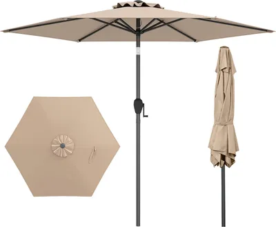A beige patio umbrella is shown in three different states: fully open, folded, and a top-down view of the canopy.