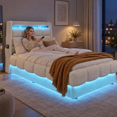 Produktbild von INONEFT Polsterbett 90x200cm mit LED, Jugendbett Kinderbett mit Stauraum, Stauraumbett Doppelbett mit Lattenrost, Teddy-Fleece Bettgestell, Beige