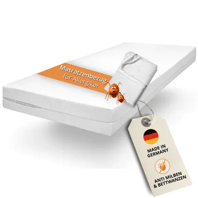 A white mattress encasing is shown diagonally on a white background, with a tag attached.