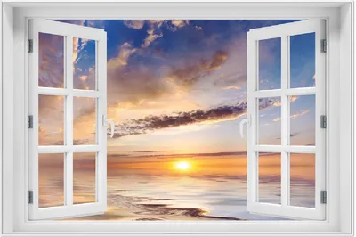 Produktbild von Wallario Wandbild mit Fenster-Illusion: Sonnenuntergang über dem Wasser, Größe: 61 x 91,5 cm, Poster mit weißem Aluminiumrahmen
