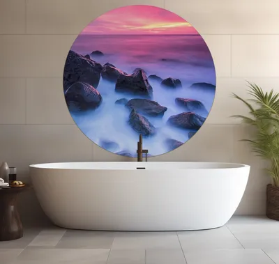 Produktbild von Wallario wasserfestes Poster selbstklebend 120 x 120 cm, Felsen im Meer bei Sonnenuntergang, Badezimmerposter Spritzschutz mit Hochglanzoberfläche in Glasoptik