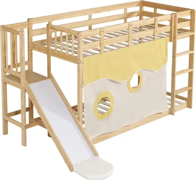 Image de Lit superposé, lit en bois avec escalier et barrières, avec rideau de lit, toboggan, lit d'enfant avec protection contre les chutes et barrières, MDF+pin, naturel, 90x200cm