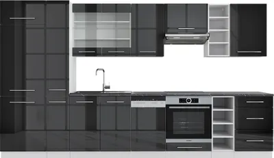 A modern, high-gloss kitchen unit in anthracite and white.
