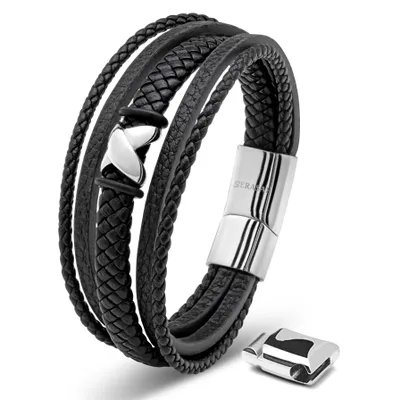 Image de SERASAR | Bracelet en cuir de première qualité pour hommes [Flake] en acier inoxydable | Couleur : Argent | Longueur : 17cm
