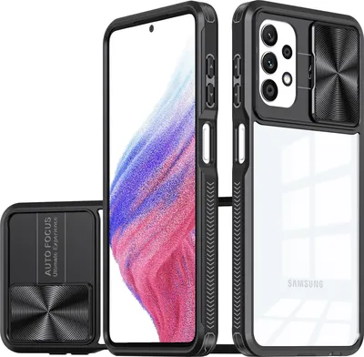A product shot of a phone case with a sliding camera cover, shown from multiple angles.