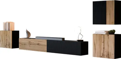 Produktbild von MIRJAN24 Wohnwand Capital IV, Große Anbauwand, Wohnzimmer-Set (Farbe: Schwarz / Schwarz + Wotan Eiche)