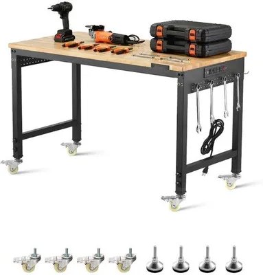 Immagine prodotto di Banco da lavoro 907 kg - Tavolo da lavoro con presa - Pannello a innesto 1220x610x711-1003 mm - Robusto tavolo da officina