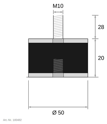 Produktbild von Gummi-Metall-Puffer Typ B – Schwingungsdämpfer mit einseitigem Innen- & Außengewinde | Ø 6–150 mm | M3–M16 | Stahl oder Edelstahl 50 x 20 mm / M10 x 28 mm