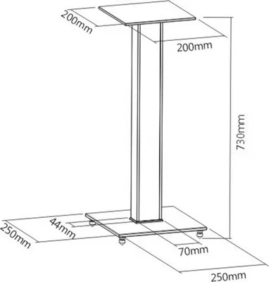 A line drawing diagram of a speaker stand with dimensions.