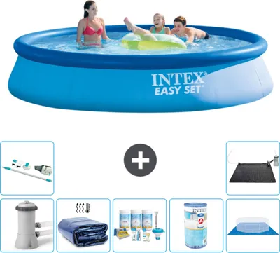 Produktbild von Intex runder aufblasbarer Easy Set-Schwimmpool – 396 x 84 cm – Blau – inklusive Pumpe Sonnensegel - Wartungspaket - Filter - Bodenplane - Staubsauger - Solarmatte