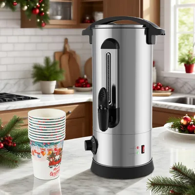 Image de Eikuavons, appareil à vin chaud de 10 litres, 1500 W, couleur argentée, thermostat réglable de 30 à 110 °C, en acier inoxydable, avec robinet de distribution, indicateur de niveau d'eau, inclut 10 gobelets en papier