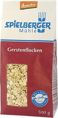 A bag of Spielberger Gerstenflocken (barley flakes) with a window showing the product.