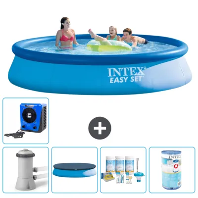 Produktbild von Intex runder aufblasbarer Easy Set-Schwimmpool – 396 x 84 cm – Blau – inklusive Pumpe Abdeckung - Wartungspaket - Filter - Wärmepumpe