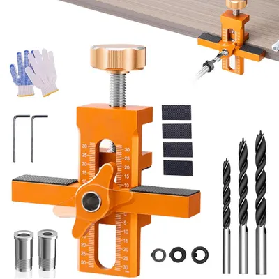 Obrázek produktu pro Sada šablon pro vrtání dveří skříněk - včetně 3 vrtáků, z hliníku, pro vrtání 10 mm push-to-open, nastavitelné pro panely 7-40 mm