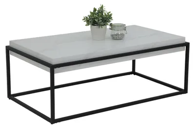 Salontafel, Marmorlook Weiß, 114x64x42 cm, Metallgestell Schwarz
