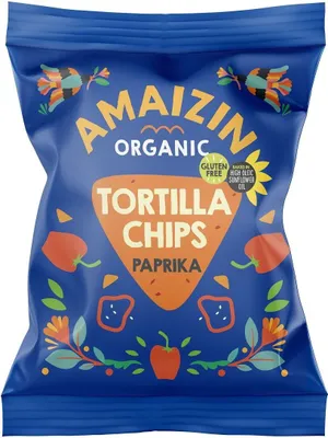 Zdjęcie produktu dla CHIPSY TORTILLA KUKURYDZIANE PAPRYKOWE BEZGLUTENOWE75 g - AMAIZIN