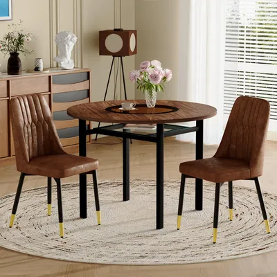 Produktbild von MODFU Esszimmerstuhl Set,Küchenstuhl mit 2 Stühle und Esstisch Braun,Runder Tisch mit 100 cm,Sessel mit schwarzen Metallbeinen